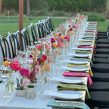 a long table is set with colorful napkins, plates, flowers, wine glasses, etc.